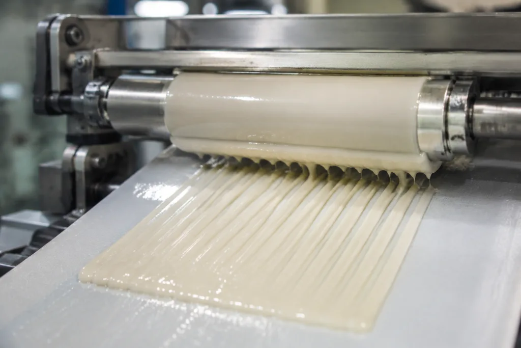 Laminating Adhesive 1 A realistic close-up of industrial laminating adhesive being applied between layers of film, fabric, and foam in a modern clean manufacturing setting, with professional lighting and detailed product photography styling.