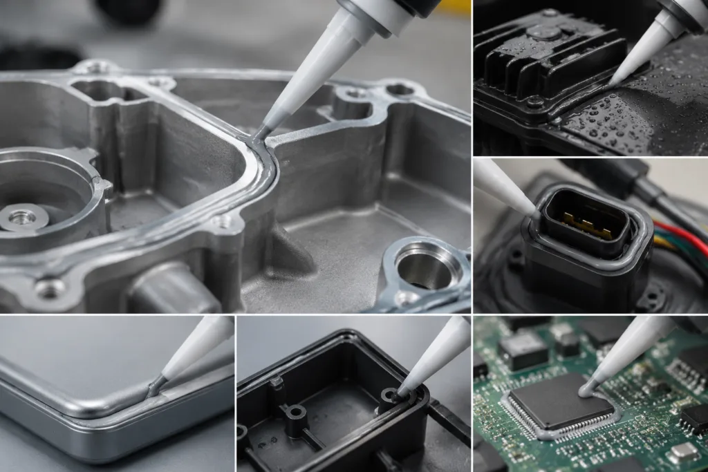 Sealing Adhesive 2 A realistic close-up industrial product photography scene showing sealing adhesive used for waterproof, dustproof, edge, and housing sealing in manufacturing applications.