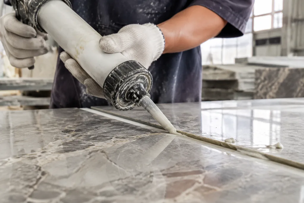 Stone Adhesive 2 A professional close-up scene showing adhesive being carefully applied along a polished marble or granite seam during countertop or decorative stone assembly in a modern, clean fabrication workshop.