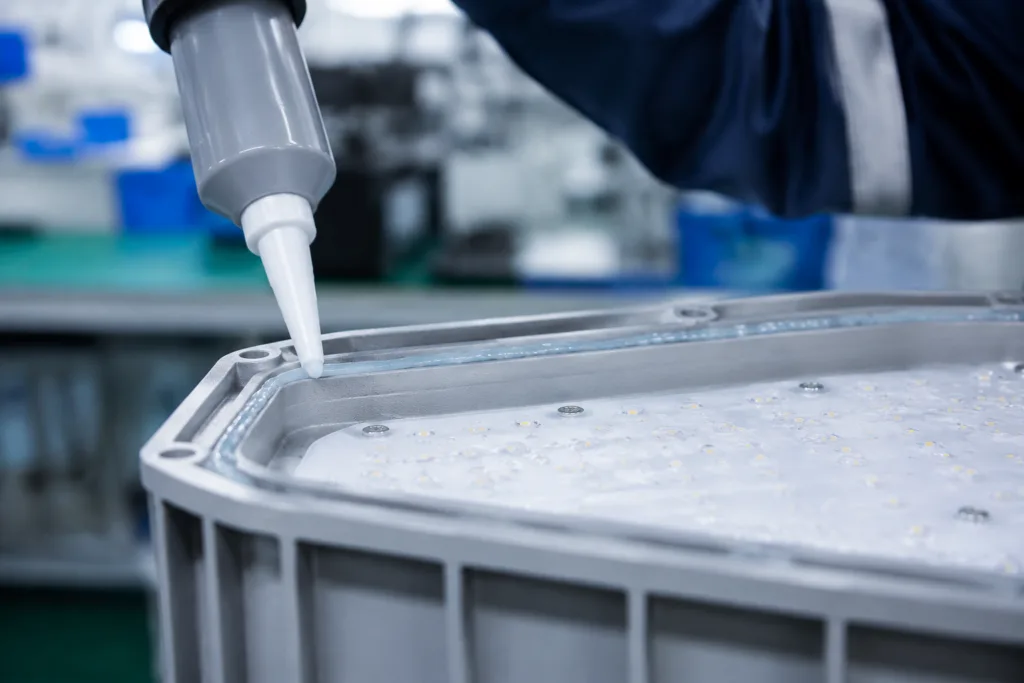 Waterproofing Adhesive 1 A realistic close-up in a clean industrial setting showing waterproof adhesive sealant applied to the edge of an outdoor electronic housing, emphasizing the sealing bead and moisture protection.