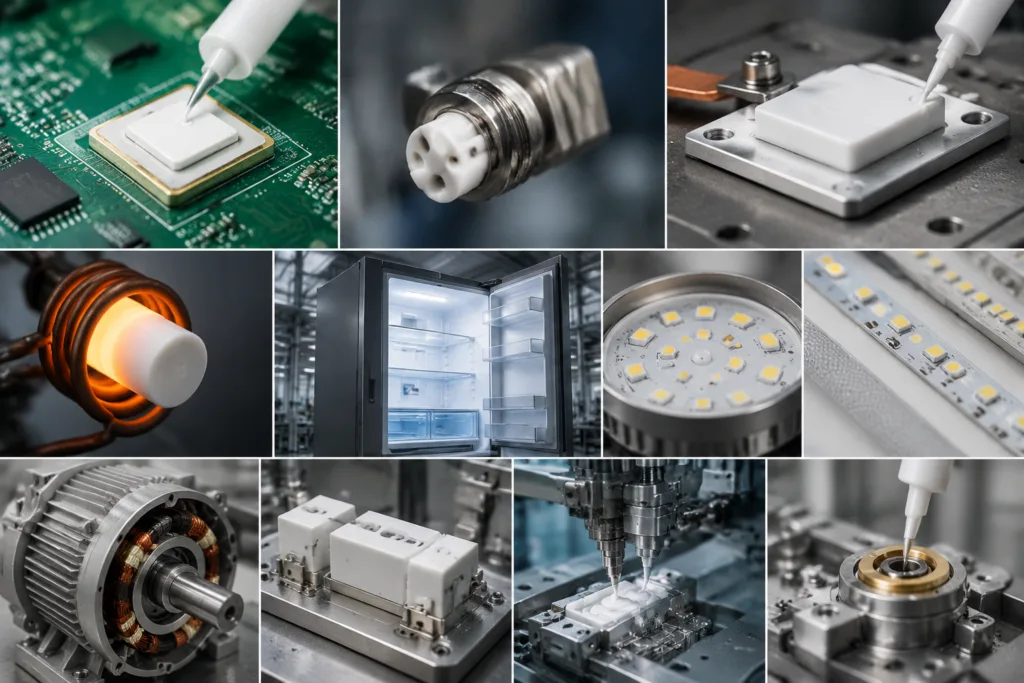 Custom Adhesive Formulation 2 A realistic collage composition illustrating ceramic adhesive use across key industrial applications, presented in a clean, unified technical style.