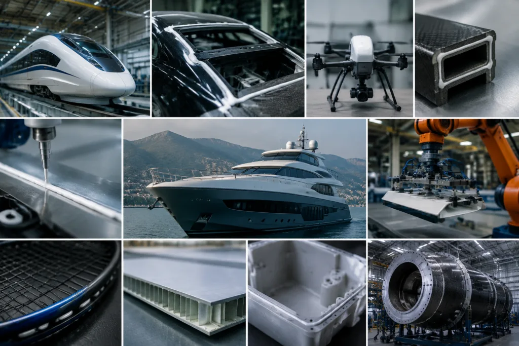 Composite Adhesive 2 A realistic collage of advanced industrial applications for composite adhesives, featuring transportation, automotive, marine, drone, machinery, sports, and structural composite components in a clean professional layout.