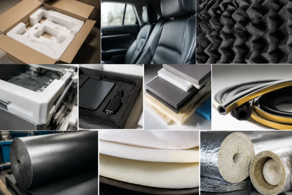 Foam Adhesive 18 A clean, realistic collage illustrating foam adhesive uses across packaging, automotive, acoustic, appliance, electronics, sealing, liner, furniture, and insulation applications.