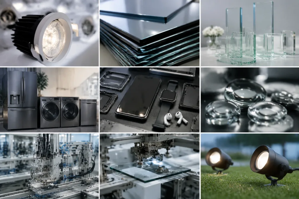 Glass Adhesive 18 A clean, realistic collage composition highlighting glass adhesive use across several industrial and consumer product categories in a unified professional style.