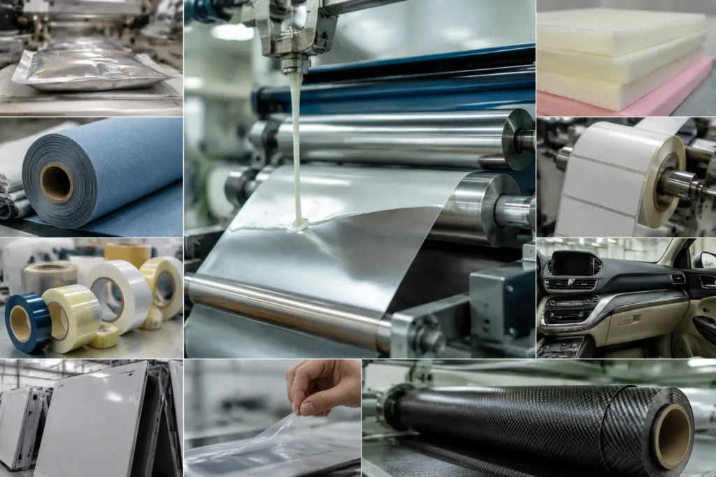 Laminating Adhesive 16 A realistic, professionally composed collage illustrating diverse laminating adhesive applications across key industries in a unified industrial visual style.