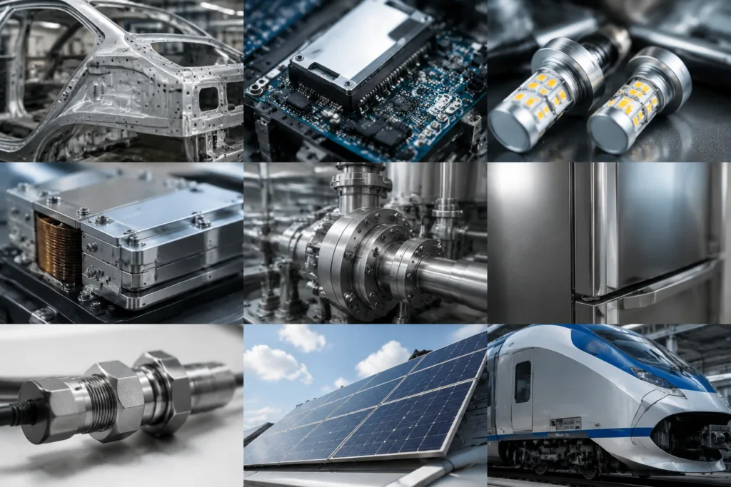 Metal Adhesive 18 Professional collage composition depicting multiple industries that use metal adhesives, with realistic bonded components and a clean unified industrial look.