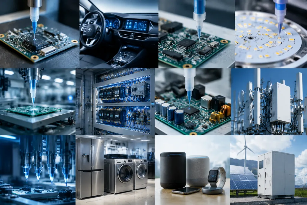 PCB Adhesive 18 A realistic collage composition illustrating PCB adhesive use in multiple modern industries with a unified professional industrial aesthetic.