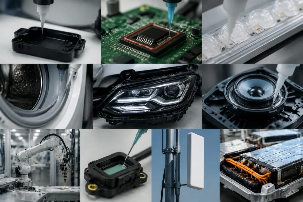 Plastic Adhesive 18 A realistic collage-style composition illustrating plastic adhesive applications across electronics, consumer goods, appliances, automotive components, LED lighting, sensors, industrial equipment, communication devices, and new energy products in a unified professional style.