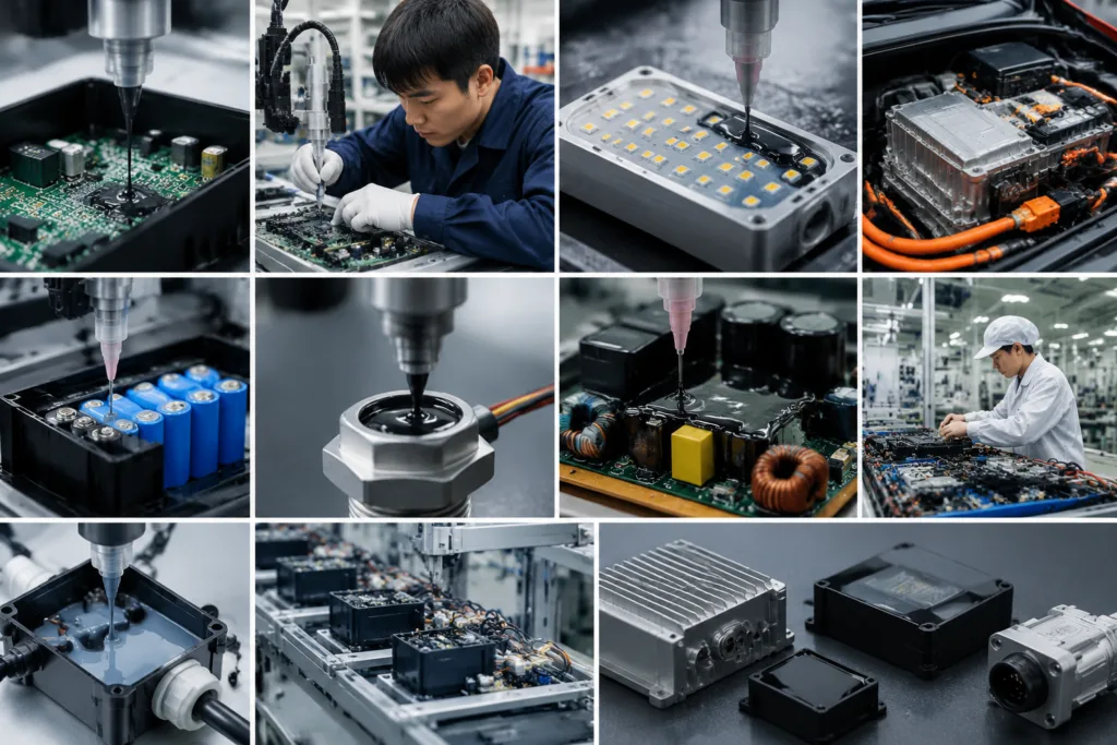 A realistic collage-style industrial visual showing potting adhesive used across electronics manufacturing, PCB assembly, LED lighting, automotive electronics, batteries, sensors, power supplies, and industrial control equipment.