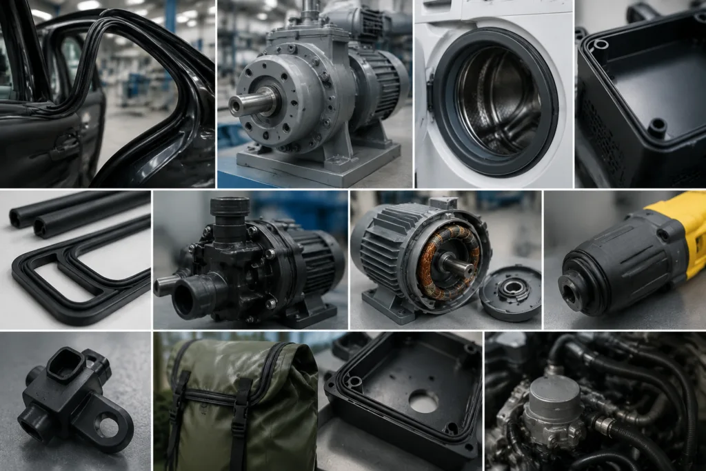 Rubber Adhesive 18 A clean, realistic collage of rubber adhesive use cases across automotive, industrial, appliance, electronics, sealing, pump, motor, power tool, sensor, and outdoor product applications.