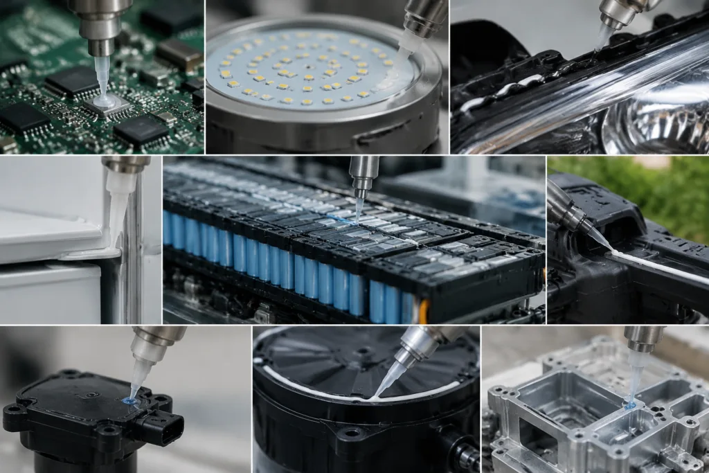 Sealing Adhesive 16 Realistic collage illustrating sealing adhesive use across electronics, lighting, automotive, appliance, battery, outdoor, sensor, and industrial assembly applications in a clean professional style.