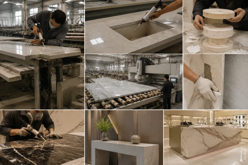 Stone Adhesive 18 A realistic collage-style professional scene illustrating multiple industries that use stone adhesives, including stone fabrication, countertop production, decorative stone products, marble and granite processing, architectural assemblies, furniture components, retail fixtures, and interior design materials.