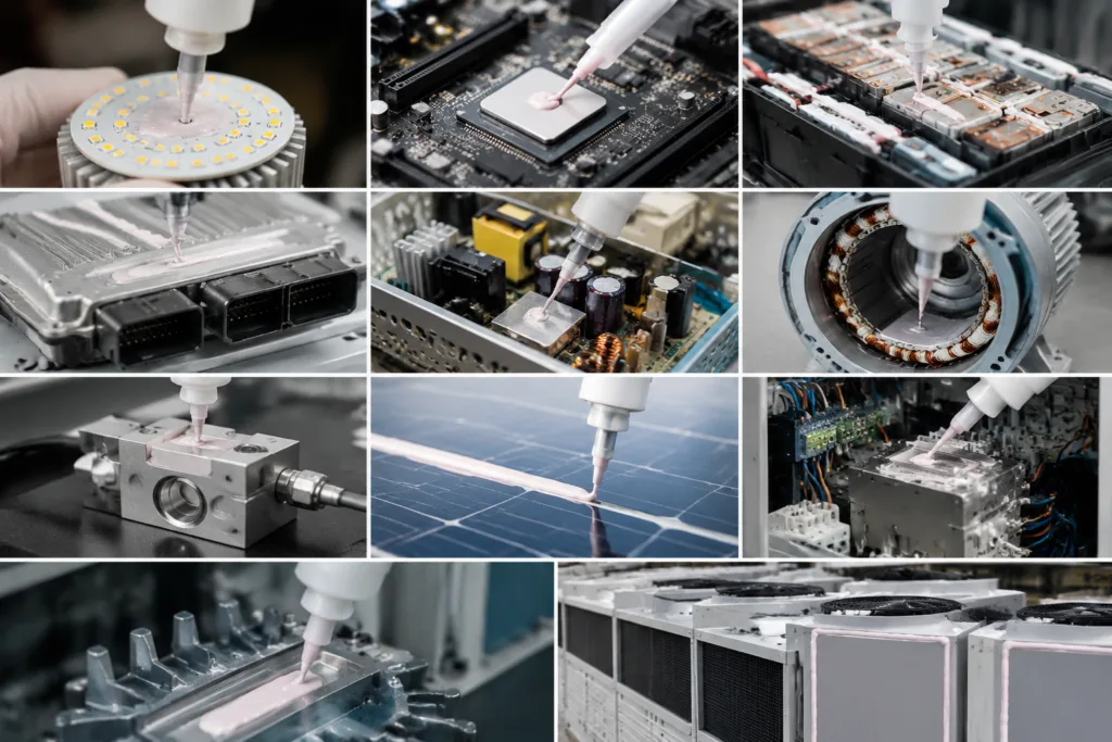 Thermally Conductive Adhesive 18 A realistic collage illustrating thermally conductive adhesive use across LED lighting, electronics, batteries, automotive electronics, power supplies, motors, sensors, solar products, and industrial controls in a clean professional layout.