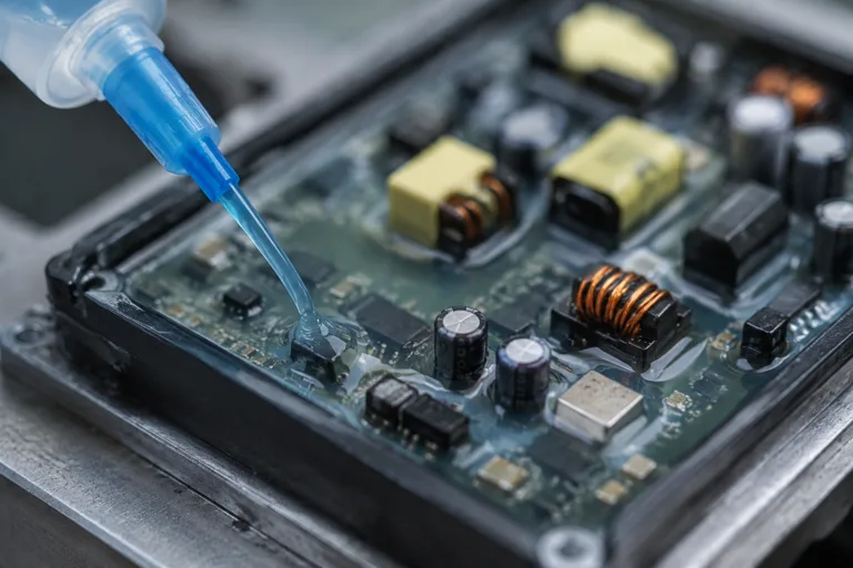 Insulation Adhesive 11 A realistic close-up of electronic components on a circuit board coated with insulating adhesive, highlighting dielectric protection and anti-short-circuit performance in a clean technical industrial setting.