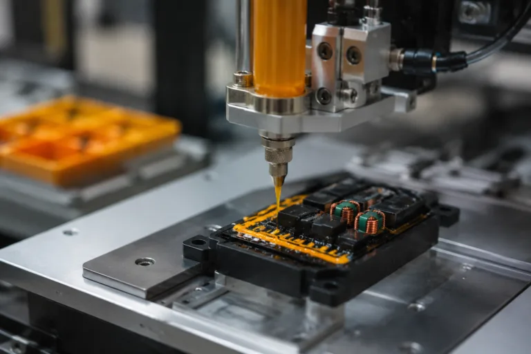 Insulation Adhesive 17 A realistic industrial scene showing precision dispensing equipment applying insulating adhesive onto a PCB or electrical module, highlighting controlled application, production efficiency, and clean factory manufacturing conditions.