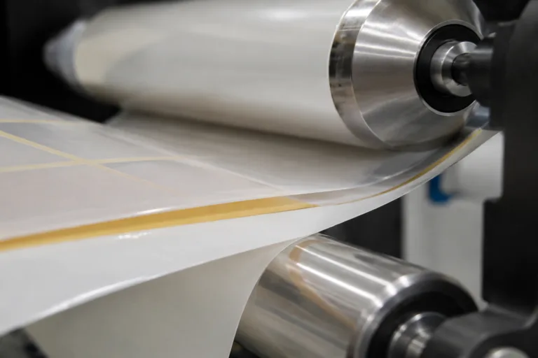 Laminating Adhesive 7 A realistic close-up industrial scene showing label and tape laminating adhesive application, with layered materials, a thin adhesive film, and flexible roll stock in a clean converting environment.