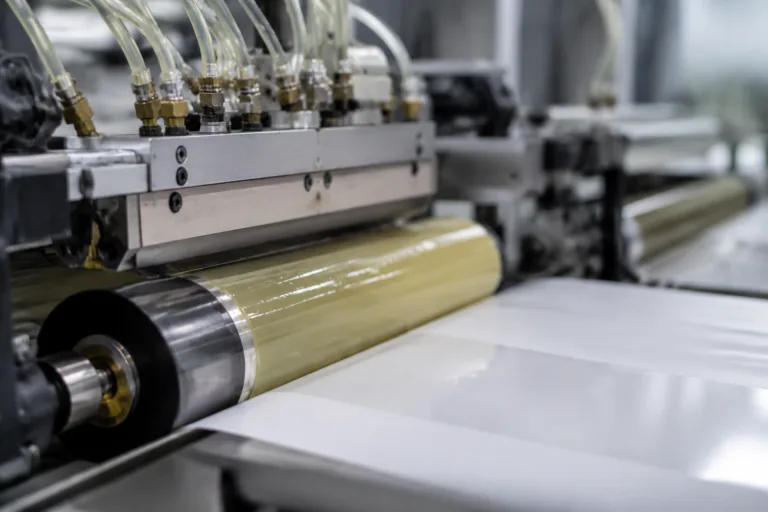 Laminating Adhesive 14 A realistic manufacturing scene showing laminating adhesive being applied with precision coating equipment, such as roller coating or slot die coating, onto film or fabric in an industrial production line.