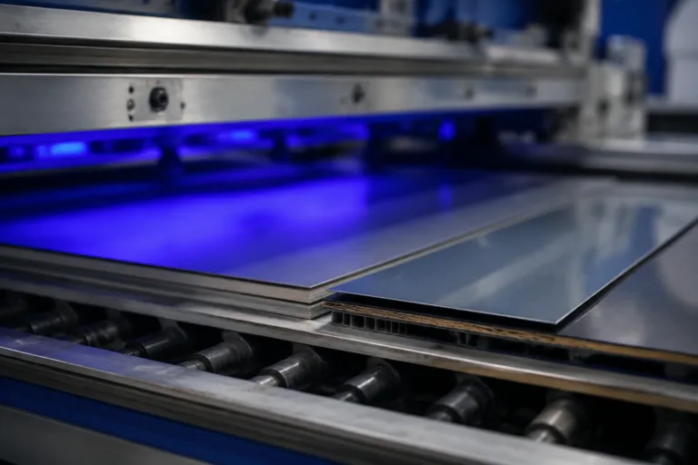 Laminating Adhesive 15 Realistic close-up of laminated materials during heat curing, room-temperature curing, or UV curing in an industrial production scene.