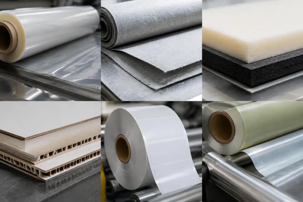 Laminating Adhesive 2 A realistic industrial product photography scene depicting laminating adhesive applications across multiple material layers, including film, fabric, foam, panel, label, tape, and composite bonding.
