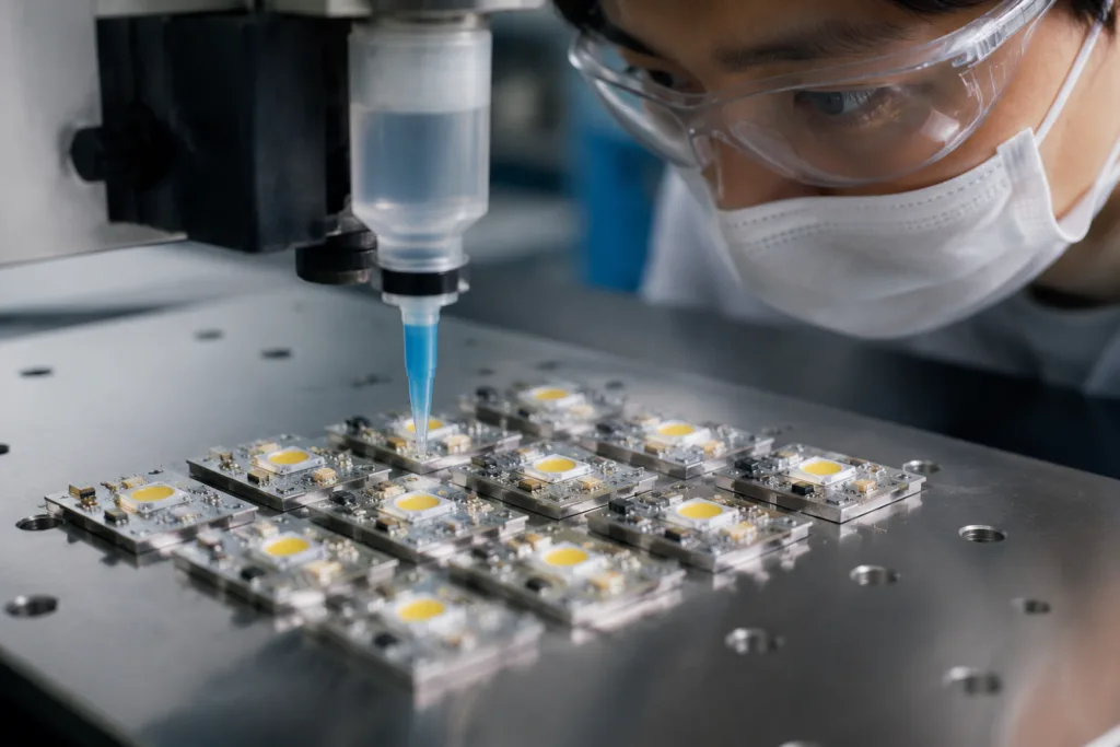 Adhesives for LED and Electronics Assembly: How to Balance Speed, Precision, Thermal Management, and Reliability 9 A realistic industrial image showing precise adhesive application in LED and electronics assembly.