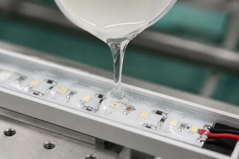 A realistic close-up industrial scene showing clear potting adhesive being applied to an LED module or LED strip housing, with visible encapsulation for waterproofing and insulation in a clean manufacturing environment.