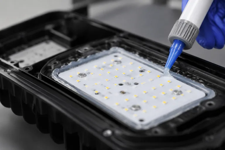 Sealing Adhesive 4 A realistic close-up manufacturing scene showing LED sealing adhesive neatly applied around an LED module or outdoor lighting housing, highlighting a precise waterproof and dustproof sealing line with professional product photography lighting.