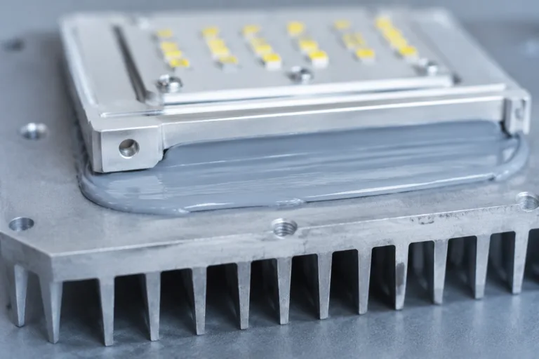 Thermally Conductive Adhesive 3 A realistic close-up product photography scene showing thermal adhesive applied between an LED module and an aluminum heat sink, highlighting the bonding layer used for heat dissipation in LED manufacturing.