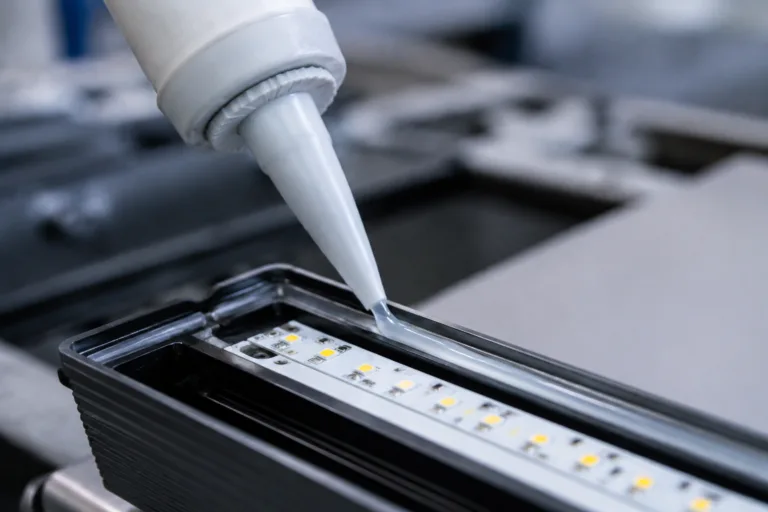 Waterproofing Adhesive 4 A detailed close-up showing waterproof adhesive applied to an LED strip or outdoor lighting housing, highlighting the protective sealing line and realistic manufacturing conditions.
