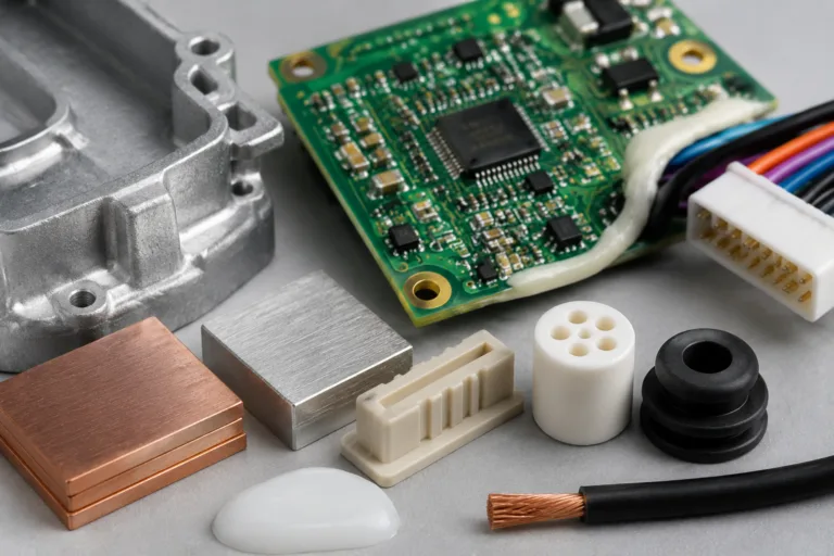 Insulation Adhesive 14 A professional industrial close-up illustrating material compatibility for insulation adhesive selection, with PCB and multiple common materials arranged in a clean technical setup.