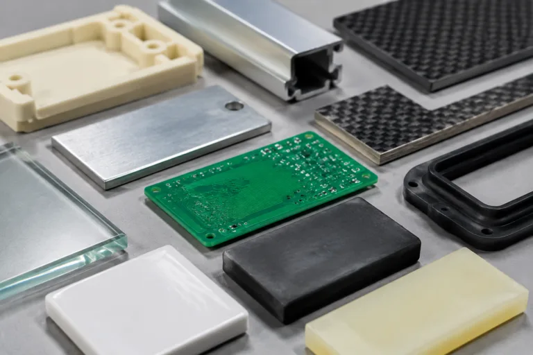 Waterproofing Adhesive 11 A clean technical product photograph featuring a variety of materials used for waterproof adhesive compatibility testing and selection, arranged in a precise industrial layout.