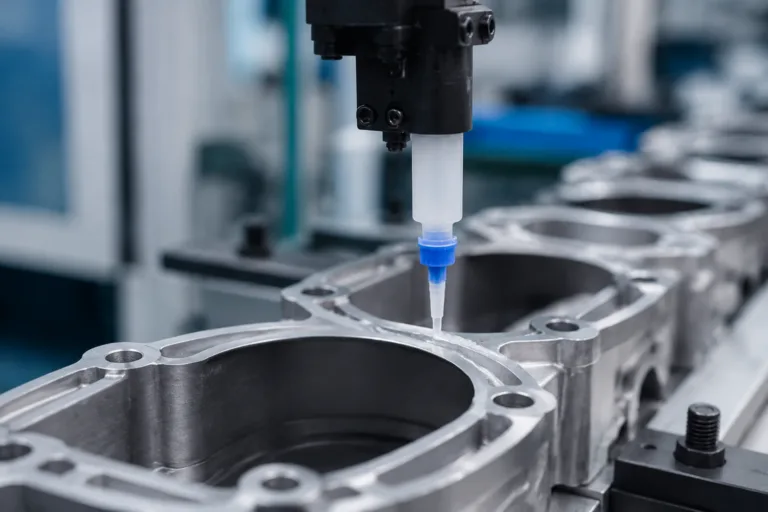 Metal Adhesive 17 A realistic factory close-up showing adhesive application to metal parts using precision dispensing equipment, emphasizing controlled bonding and production efficiency.