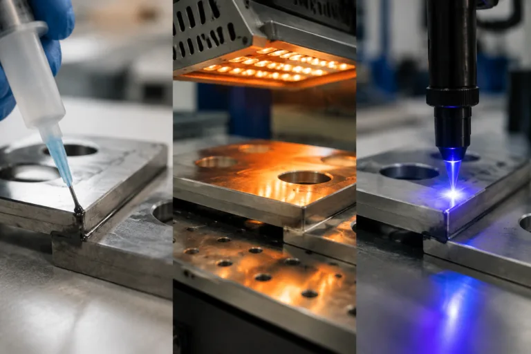 Metal Adhesive 16 A realistic manufacturing close-up illustrating metal adhesive bonding with room-temperature curing, heat curing, and UV curing in a professional assembly environment.