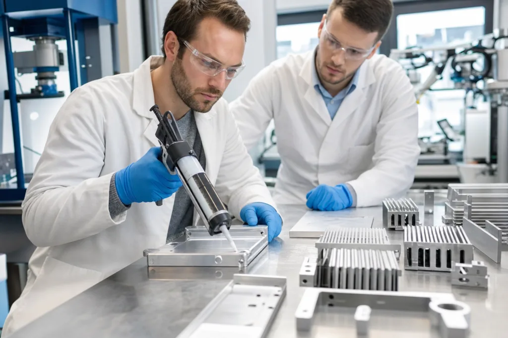 Adhesives for Metal Components in Electronics: Choosing the Right Bonding Solution for Heat Sinks, Shielding Parts, Brackets, and Enclosures 17 A professional adhesive development lab evaluating metal bonding performance for electronic heat sinks and support brackets.