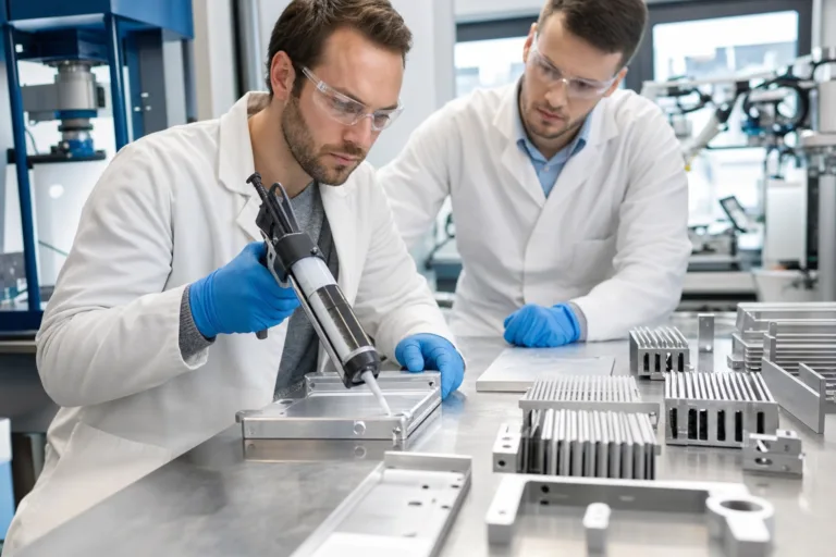 A professional adhesive development lab evaluating metal bonding performance for electronic heat sinks and support brackets.