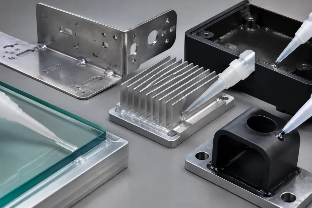 Metal Adhesive 2 A clean, realistic manufacturing product photo featuring adhesive use cases across metal-related structures, including brackets, housings, heat sinks, and industrial components.
