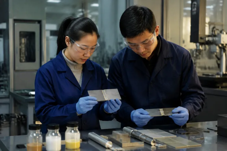 A realistic industrial laboratory scene showing engineers reviewing metal test coupons and adhesive samples for chemistry selection.