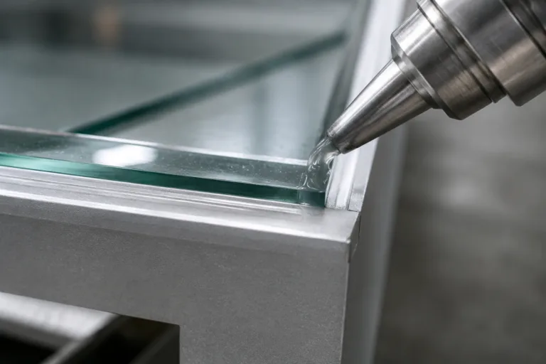 Metal Adhesive 5 Professional close-up product photography of a precise transparent adhesive bond between glass and metal, with realistic industrial lighting and clean assembly details.