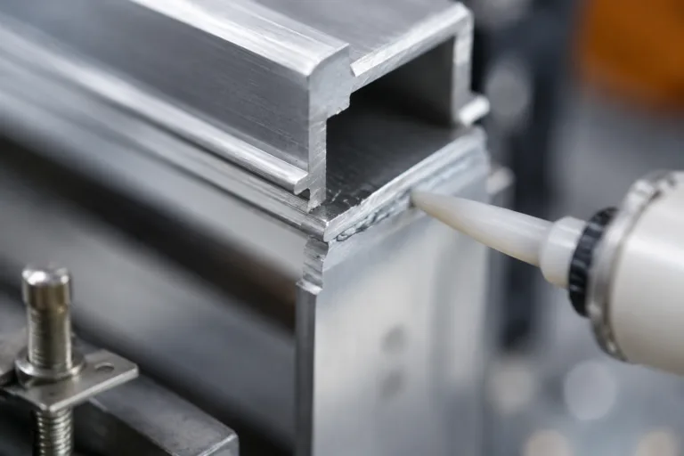 Metal Adhesive 3 A realistic industrial close-up showing adhesive applied between metal parts for a strong bonded assembly, with a visible bonding layer and professional product photography style.