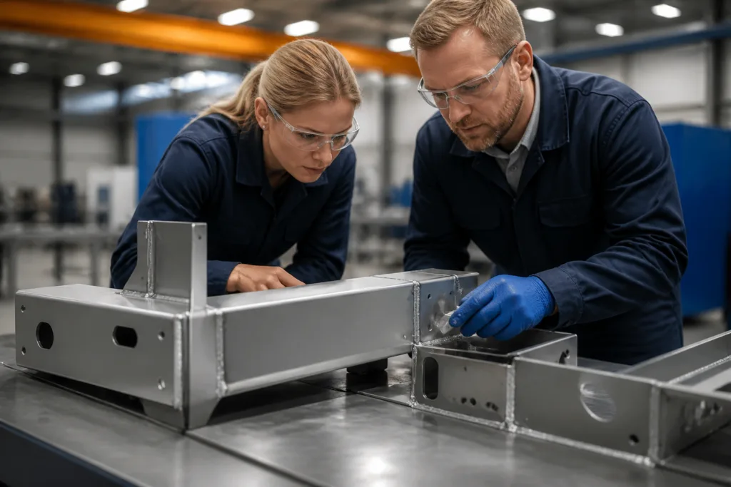 Metal to Metal Glue: Choosing the Best Adhesive for Industrial Metal Assembly 5 Industrial assembly environment showing engineers reviewing bonded metal parts and adhesive-based joining methods.