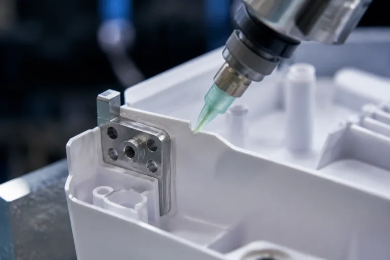 Metal Adhesive 4 A realistic close-up product photo showing metal-to-plastic bonding adhesive applied to a metal insert or bracket attached to a plastic housing, with a visible glue line in a clean industrial setting.