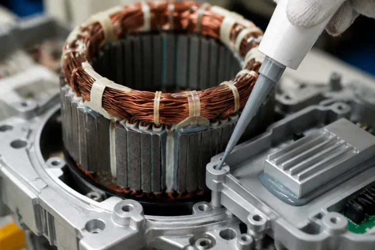 Thermally Conductive Adhesive 7 A realistic close-up industrial scene of thermally conductive adhesive application on motor coils, stator parts, and a motor control unit, highlighting heat transfer, bonding, and vibration resistance in a clean composition.