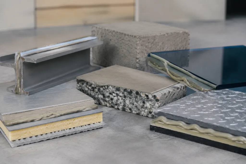 Adhesive Selection & Technical Support 7 Professional realistic product-style composition featuring a unified adhesive concept across multiple application samples in a balanced technical layout.