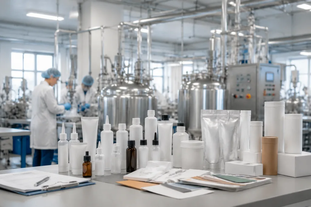 OEM & ODM Adhesive Manufacturing 1 Realistic industrial photography of an OEM and ODM adhesive factory combined with a product development workspace, featuring adhesive bottles, cartridges, tubes, sample containers, branded packaging mockups, and formulation documents in an organized premium manufacturing environment.