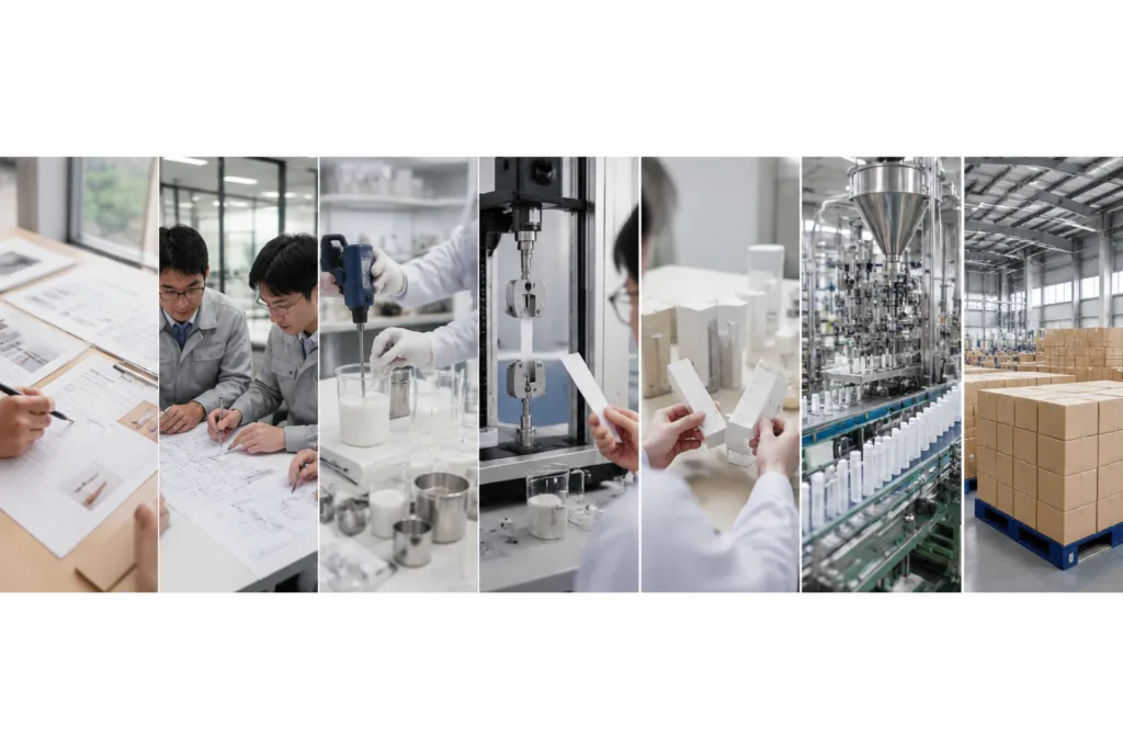 OEM & ODM Adhesive Manufacturing 3 A premium B2B-style visual workflow for OEM and ODM adhesive manufacturing, arranged as a clear left-to-right process from documentation to shipment.