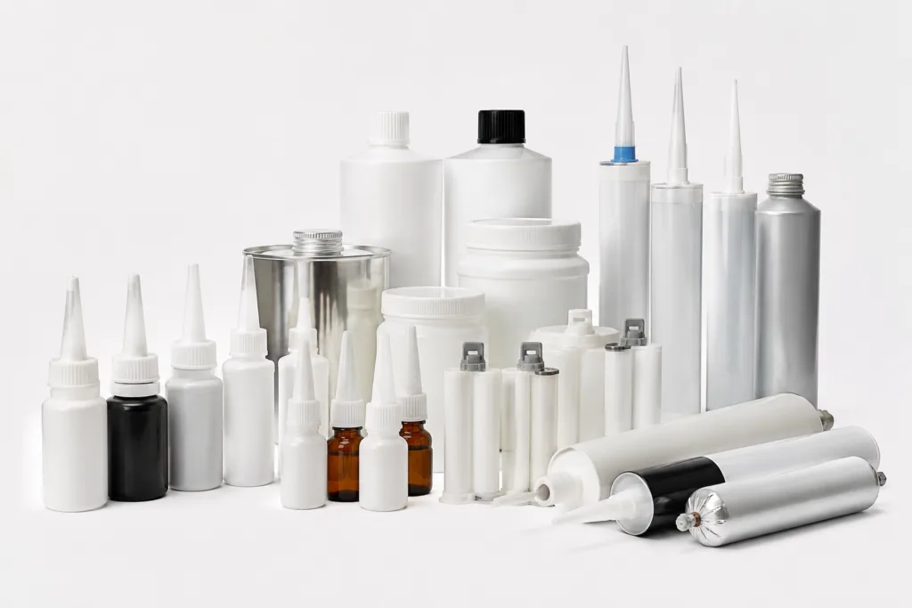 Private Label Adhesives 2 A realistic branded adhesive product family arranged like a scalable private label catalog, presenting multiple formats in a clean industrial photography style.