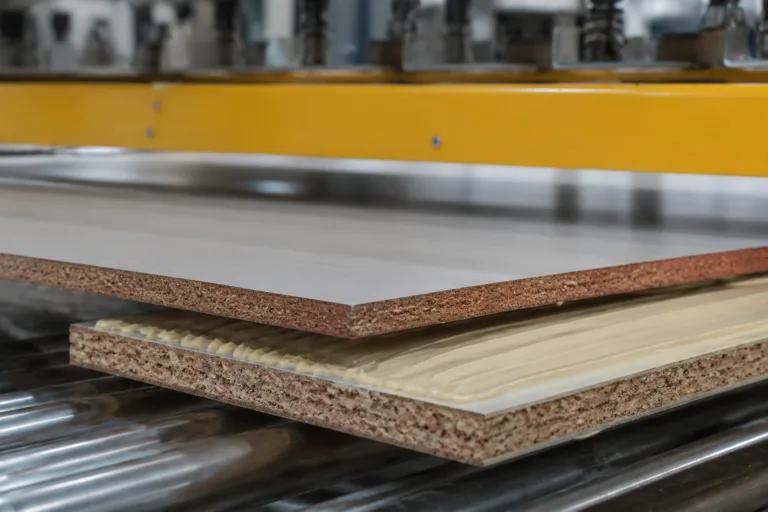 Laminating Adhesive 6 A clean, professional close-up of panel laminating adhesive application in an industrial setting, showing a surface layer being pressed onto a rigid panel with visible adhesive.