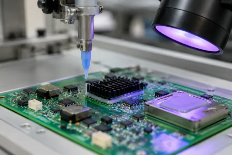 PCB Adhesive 13 A realistic close-up view of a PCB adhesive curing process in a controlled electronics manufacturing setting, highlighting adhesive application areas and curing compatibility.