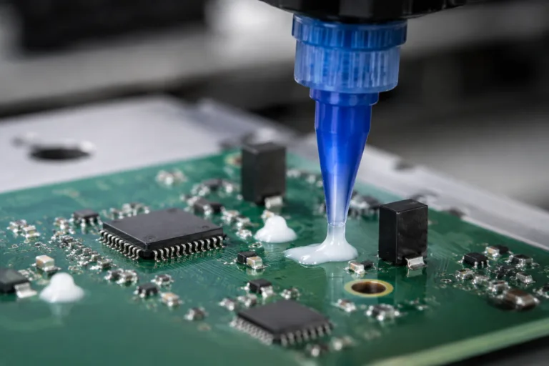PCB Adhesive 12 A realistic close-up of PCB adhesive dispensing with precise dot placement, controlled fillets, and anti-slump performance on a circuit board.