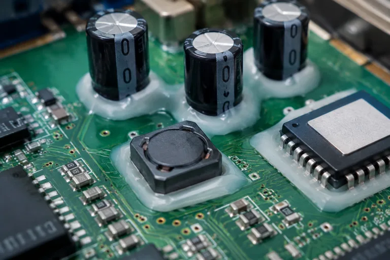 PCB Adhesive 15 A realistic close-up technical scene of PCB adhesive selection, highlighting insulating adhesive placed around electronic components without contacting conductive areas. Clean professional product photography with detailed board-level electronics and no text or watermark.