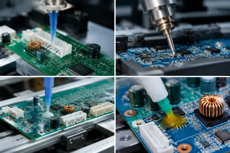 PCB Adhesive 10 A realistic high-tech manufacturing scene focused on PCB adhesive use during the assembly stage, showing multiple application steps on circuit boards with professional product photography styling.